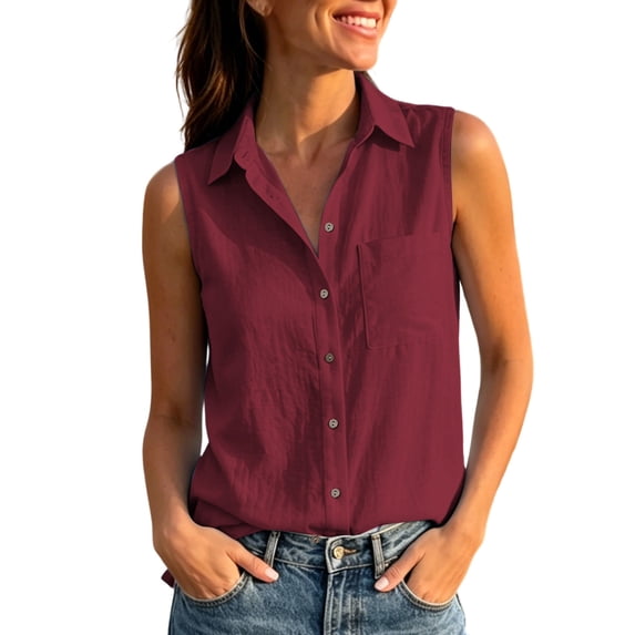 Qiopertar Women's Sleeveless Button Down Shirt Collared V Neck Casual Blouse Summer Linen Cotton Soft Loose Tank Tops, Wine L