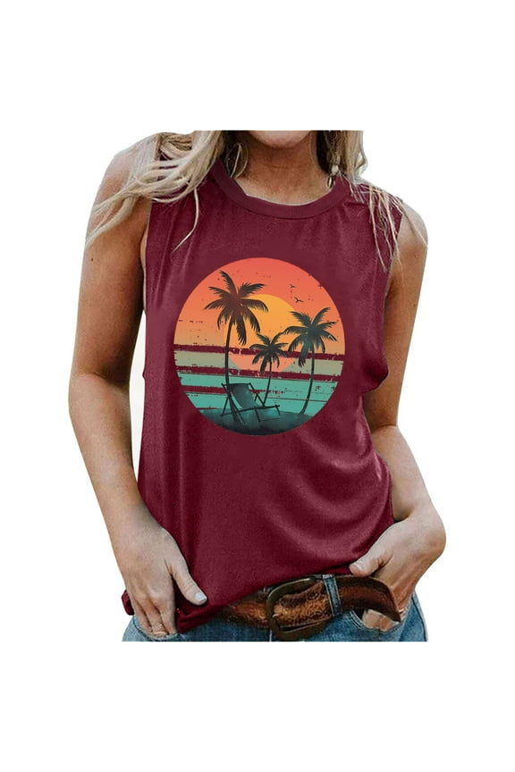 Women's Sleeveless Round Neck Blouse Palm Print Vacation Top Casual Fashion Pullover Beach Party Travel Boho Printed Camisole, Wine XXL