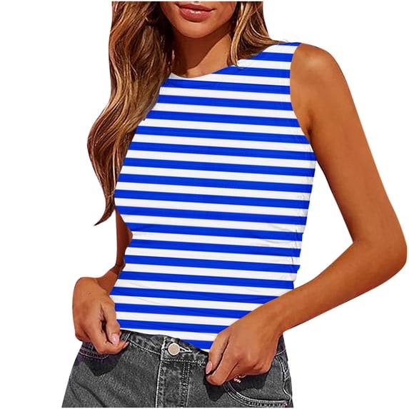 Qiopertar Women's Sleeveless Tank Tops Slim Fitted Racerback Crop Tops Casual Basic Ribbed Knit Blouses Side Ruched Stripe Printed Tees, Blue XXL