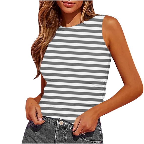 Qiopertar Women's Sleeveless Tank Tops Slim Fitted Racerback Crop Tops Casual Basic Ribbed Knit Blouses Side Ruched Stripe Printed Tees, Gray XL