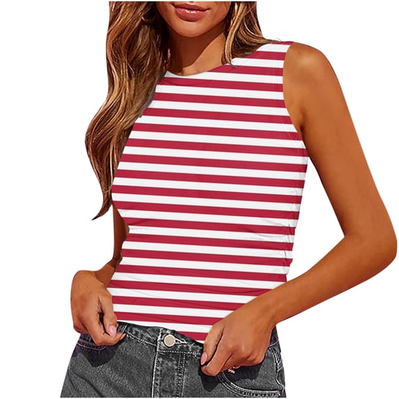 Qiopertar Women's Sleeveless Tank Tops Slim Fitted Racerback Crop Tops Casual Basic Ribbed Knit Blouses Side Ruched Stripe Printed Tees, Red M