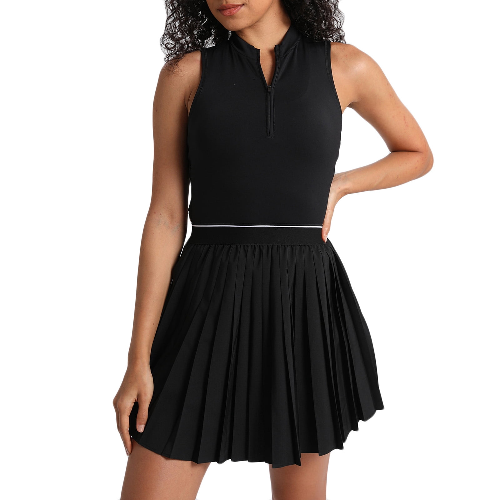 Qiopertar Women's Sleeveless Tennis Dress Turn-Down Collar Fitted Back Cutout Workout Running Skort Casual Comfy Stretchy Polyester Athletic Dress, Black S