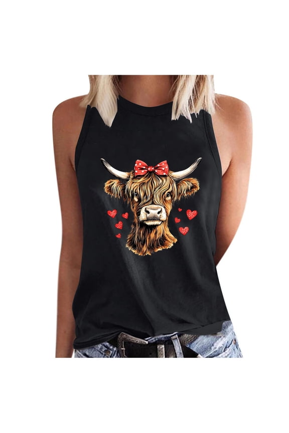 Women's Sleeveless Tops Round Neck Casual Printed Heart Cow Print Blouse Summer Spring Vacation Pullover Tee Fashion Comfy T-Shirt, Black XXL