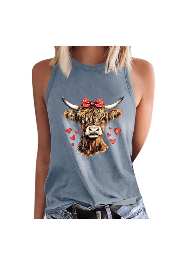 Women's Sleeveless Tops Round Neck Casual Printed Heart Cow Print Blouse Summer Spring Vacation Pullover Tee Fashion Comfy T-Shirt, Gray XXL