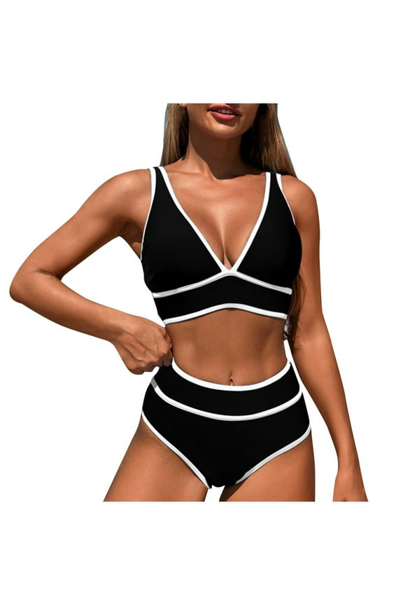 Women's Solid Color V-Neck Bikini Swimsuit Set with Chest Pad High Cut Swimwear Two Piece Bathing Suit for Beach Pool Vacation, Black M