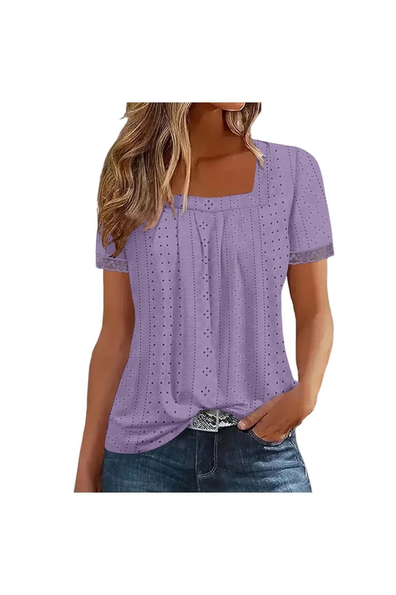 Women's Square Neck Short Sleeve Lace Trim Top Casual Fashion Summer Spring Fall Solid Color Court Lock Blouse Shirt, Purple S