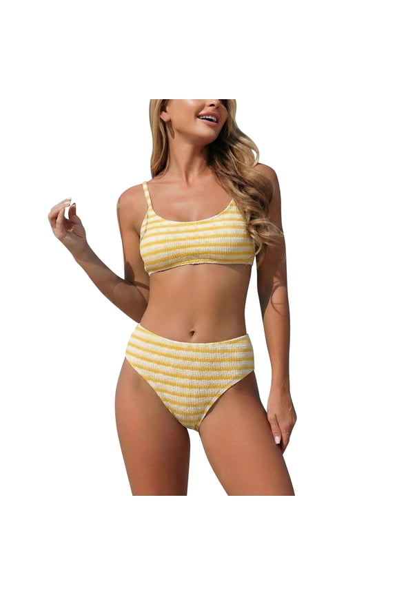 Women's Striped Swimsuit Set Two Piece Bikini with Shorts Vintage Casual Beach Pool Party Adjustable Straps Removable Padded Bra High Waist Tummy Control Swimwear, Yellow M