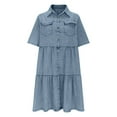 thumbnail image 1 of Qiopertar Women's Summer Casual Loose Short Sleeve Denim Dress Single Breasted Button Down Casual Beach Vacation Party A-Line Midi Dress, Light Blue S, 1 of 7