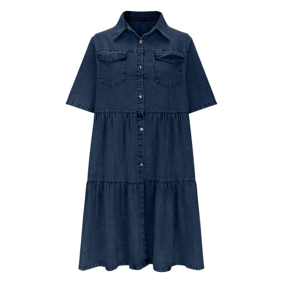 Qiopertar Women's Summer Casual Loose Short Sleeve Denim Dress Single Breasted Button Down Casual Beach Vacation Party A-Line Midi Dress, Dark Blue S