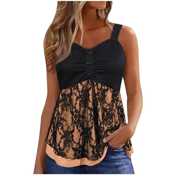 Qiopertar Women's Summer Sleeveless V-Neck Lace Camisole Casual Fashion Blouse Tank Top Lace Trim Button Detail Ruffle Cami, Orange L