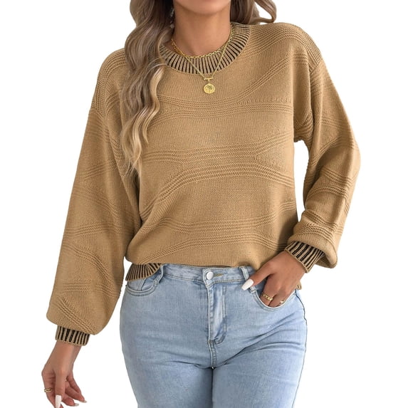 Qiopertar Women's Sweater Knitted Round Neck Long Sleeve Casual Loose Tops Fall Winter Basic Pullover Khaki S