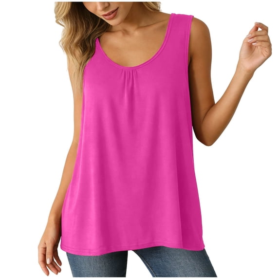 Qiopertar Women's Tank Tops Flowy Round Neck Sleeveless Solid Casual Loose Summer Tops Hot Pink XL