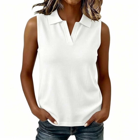 Qiopertar Women's Tank Tops Sleeveless V Neck Casual Summer Tops Lightweight Loose Blouse Solid Color Collared Fashion Basic Shirt, White S