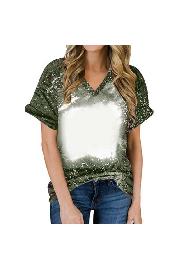 Women's Tie Dye Tops V Neck Short Sleeve Blouse Loose Casual Fashion Printed Tee Summer Beach Vacation Boho Style T-Shirt, Army Green XXL