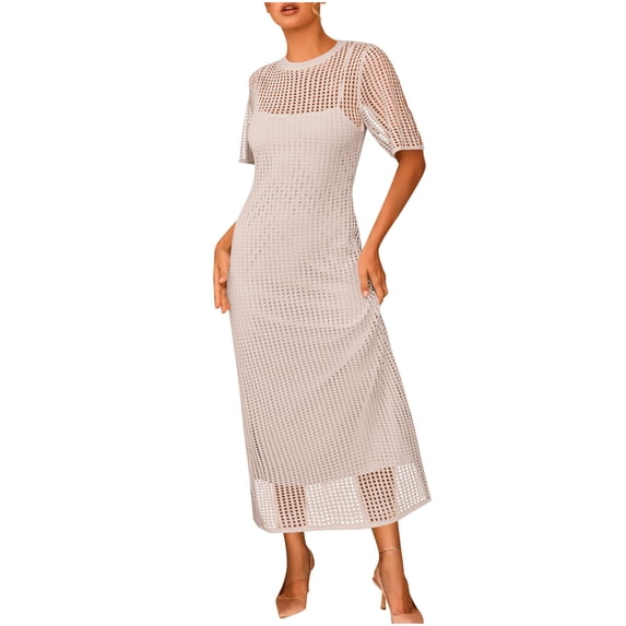 Qiopertar Women's Two-Piece Dress Set Solid Color Short Sleeve Round Neck Lace Top and Slip Dress Casual Summer Spring Vacation Party Boho Outfit, Beige XXL