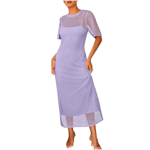 Qiopertar Women's Two-Piece Dress Set Solid Color Short Sleeve Round Neck Lace Top and Slip Dress Casual Summer Spring Vacation Party Boho Outfit, Purple 3XL