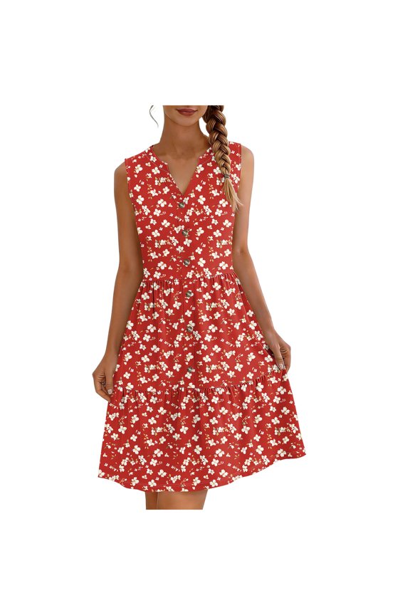 Women's V-Neck Beach Dress Sleeveless Button Up Long Dress Casual Summer Vacation Flowy Maxi Dress, Red XXL