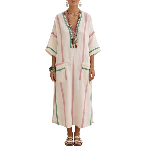 Qiopertar Women's V Neck Half Sleeve Striped Kaftan Maxi Dress Casual Boho Beach Cover Up Loose Flowy Patch Pocket Crinkle Dress, Green S
