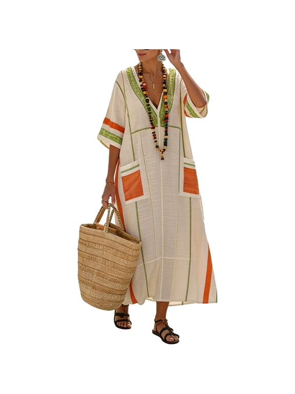 Women's V Neck Half Sleeve Striped Kaftan Maxi Dress Casual Boho Beach Cover Up Loose Flowy Patch Pocket Vacation Dress, Orange S