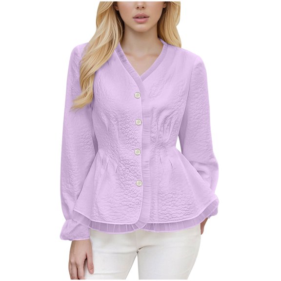 Qiopertar Women's V-Neck Lace Blouse with Pearl Buttons Smocked Cuffs Peplum Hem Crinkled Fabric Casual Fashion Spring Summer Tops, Purple XL