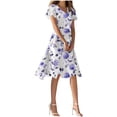 thumbnail image 1 of Qiopertar Women's V-Neck Short Sleeve Floral Print Dress Casual Elegant Midi Dress Summer Vacation Boho Flowy Fitted Bodice Flared Skirt, Purple M, 1 of 6