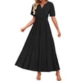 thumbnail image 1 of Qiopertar Women's V-Neck Short Sleeve Maxi Dress Solid Color Pleated Boho Beach Dress Casual Vacation Travel Long Dresses with Pockets Elastic Waist, Black XL, 1 of 7