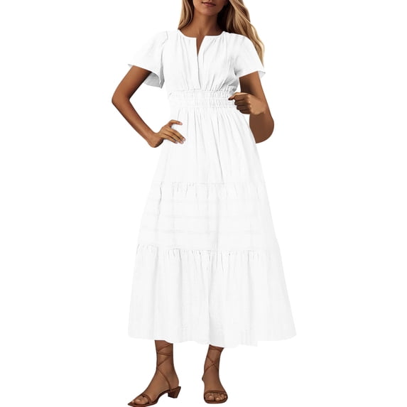 Qiopertar Women's V-Neck Short Sleeve Midi Dress Pleated Boho Beach Casual Summer Vacation Elastic Waist Pockets Solid Color Dresses, White M