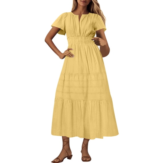 Qiopertar Women's V-Neck Short Sleeve Midi Dress Pleated Boho Beach Casual Summer Vacation Elastic Waist Pockets Solid Color Dresses, Yellow L