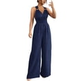 thumbnail image 1 of Qiopertar Women's V-Neck Sleeveless Jumpsuit Casual Loose Fit Romper with Pockets Travel Beach Vacation Sun Protection Comfy Solid Color Jumpsuit, Dark Blue XXL, 1 of 7