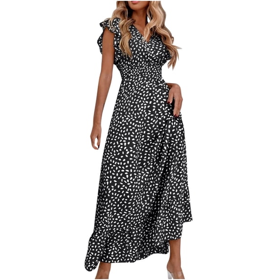 Qiopertar Women's V-Neck Sleeveless Maxi Dress Elegant Ruffled Waist Tie Casual Beach Vacation Party Cocktail Evening Ankle Length Dress, Black XL