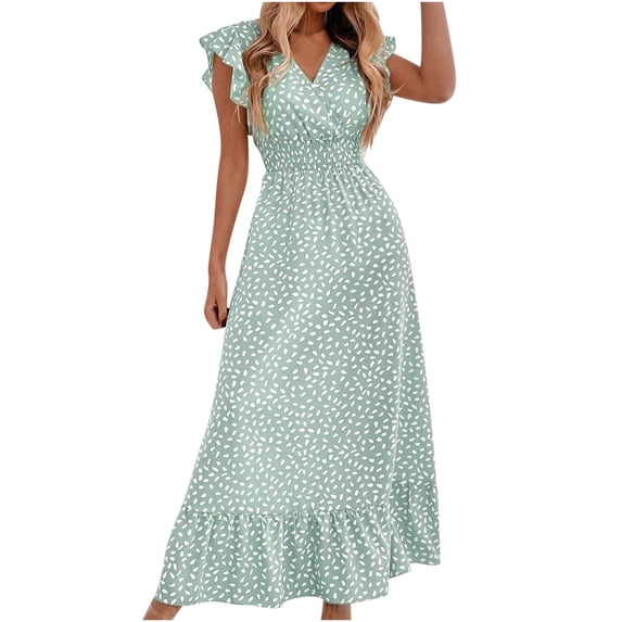 Qiopertar Women's V-Neck Sleeveless Maxi Dress Elegant Ruffled Waist Tie Casual Beach Vacation Party Cocktail Evening Ankle Length Dress, Green M