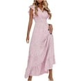 thumbnail image 1 of Qiopertar Women's V-Neck Sleeveless Maxi Dress Elegant Ruffled Waist Tie Casual Beach Vacation Party Cocktail Evening Ankle Length Dress, Pink XL, 1 of 7