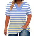 thumbnail image 1 of Qiopertar Women's V-Neck Striped Short Sleeve T-Shirt Oversized Plus Size Casual Loose Fit Spring Summer Vacation Top, Sky Blue XXL, 1 of 5