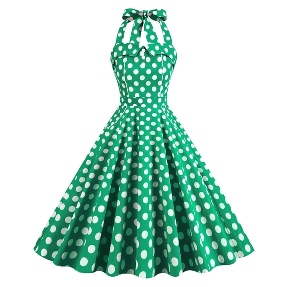 Qiopertar Women's Vintage Polka Dot Halter Neck Cocktail Dress Sleeveless Square Neck Retro Printed Party Dresses Stretchy Fashion, Green S
