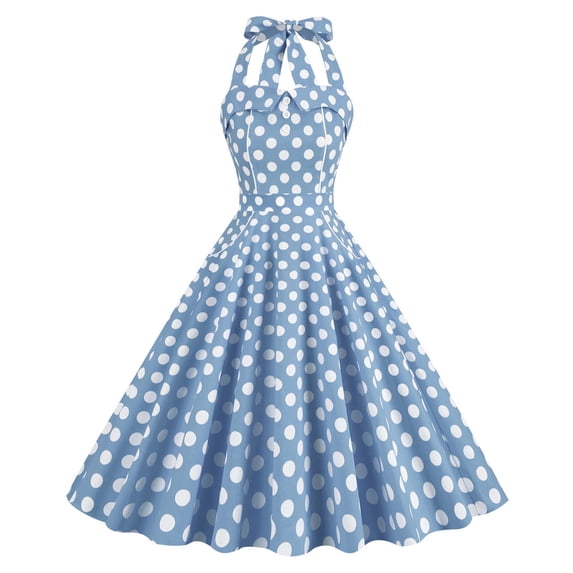 Qiopertar Women's Vintage Polka Dot Halter Neck Cocktail Dress Sleeveless Square Neck Retro Printed Party Dresses Stretchy Fashion, Light Blue S