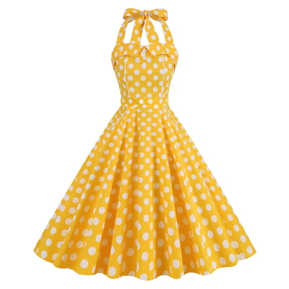 Qiopertar Women's Vintage Polka Dot Halter Neck Cocktail Dress Sleeveless Square Neck Retro Printed Party Dresses Stretchy Fashion, Yellow XL
