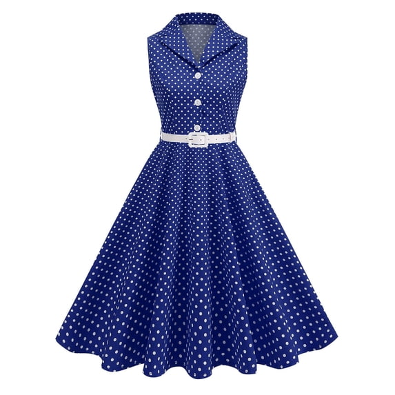 Qiopertar Women's Vintage Polka Dot Sleeveless A-Line Dress Retro Waist Defining Casual Party Cocktail Off Shoulder Mesh Embroidered Cake Dress, Dark Blue S