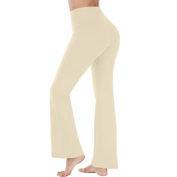 Qiopertar Women's Yoga Pants Butt Lifting Leggings Solid Color Workout Tights Casual Comfy Stretchy Fitness Pants, Beige M