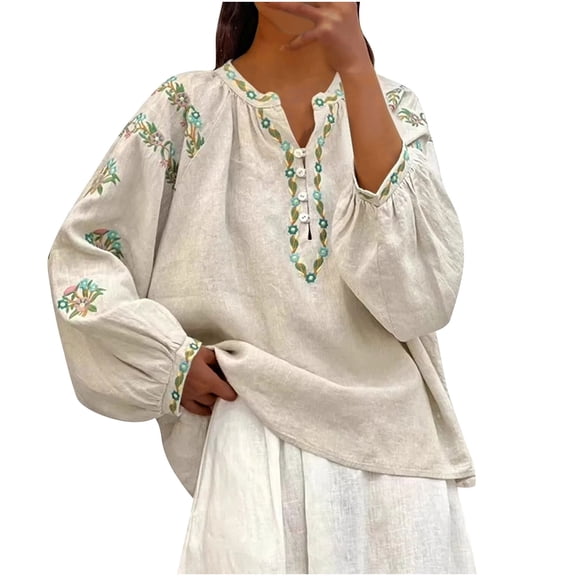Qiopertar Womens Blouse Button Down Long Sleeve Floral Boho Casual Loose Tops Summer Flowy Puff Sleeve Soft Lightweight Ethic Style Women Loose Shirt Beige M