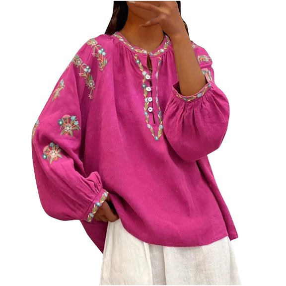 Qiopertar Womens Blouse Button Down Long Sleeve Floral Boho Casual Loose Tops Summer Flowy Puff Sleeve Soft Lightweight Ethic Style Women Loose Shirt Hot Pink XXL