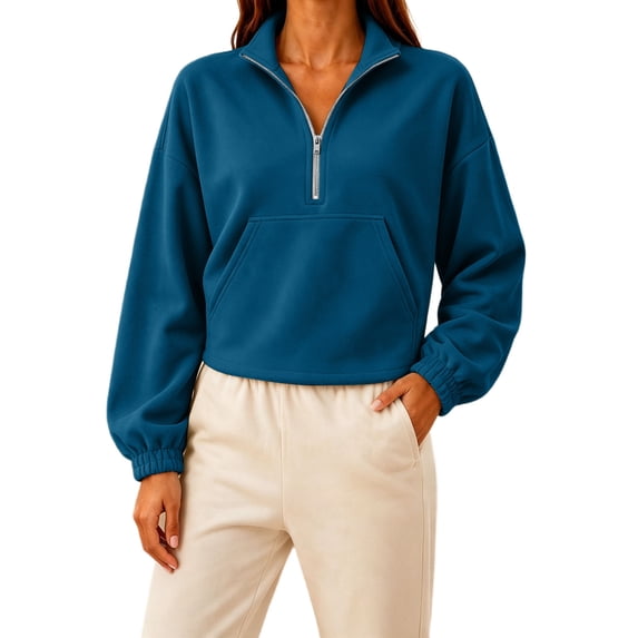 Qiopertar Womens Crop Tops Half Zip Sweatshirt Long Sleeve Stand Collar Casual Loose Pullover Kangaroo Pocket Fall Winter Workout Top Dark Blue L