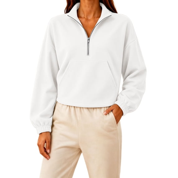 Qiopertar Womens Crop Tops Half Zip Sweatshirt Long Sleeve Stand Collar Casual Loose Pullover Kangaroo Pocket Fall Winter Workout Top White XL