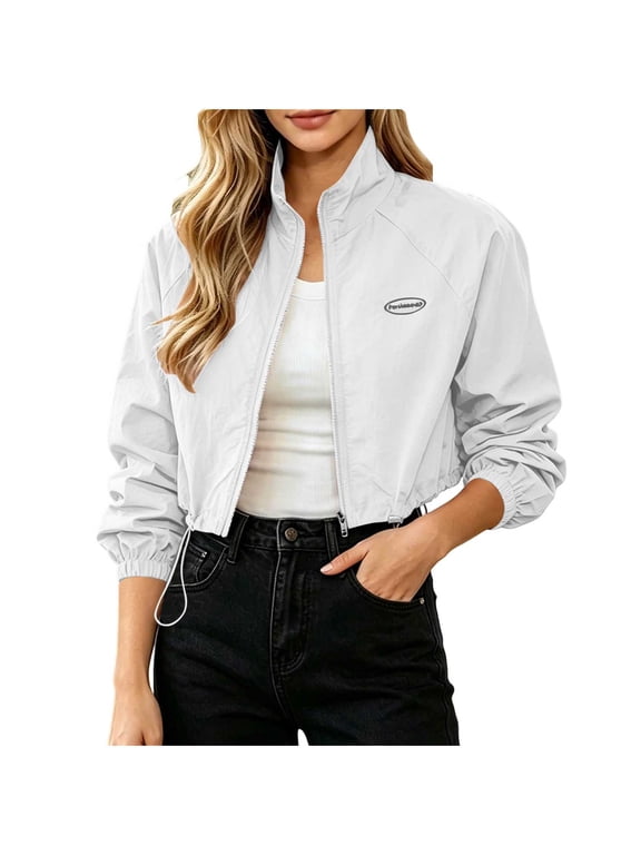 Womens Cropped Jacket Lightweight Stand Collar Zip Up Long Sleeve Loose Casual Crop Top Smocked Cuffs Basic Trendy Comfy Spring Summer Travel Vacation Beach Outing White L