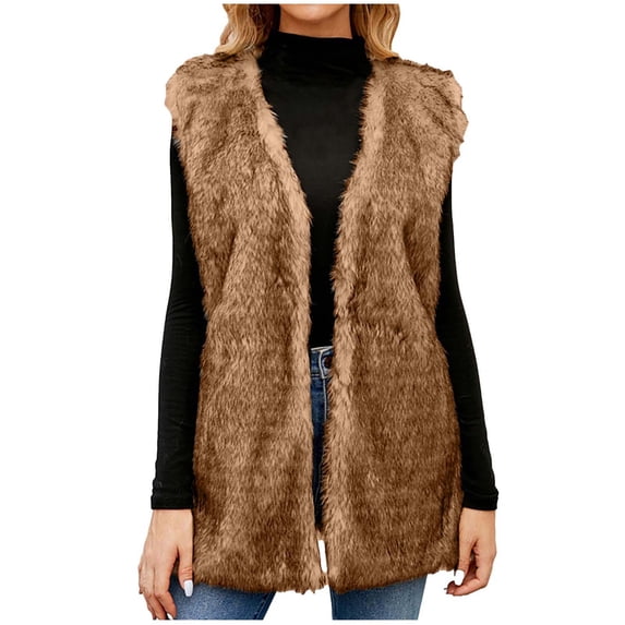 Qiopertar Womens Faux Fur Coat Winter Sleeveless Vest Round Neck Loose Casual Solid Long Outerwear Fashion Party Trendy Cozy Jacket Coffee XS