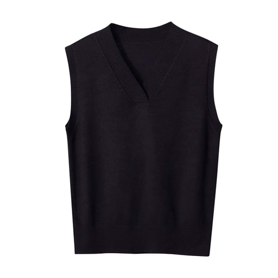 Qiopertar Womens Knitted Vest Sleeveless V Neck Solid Casual Loose Tops Fall Winter Sweater Vest Pullover Trendy Comfy Knitwear Black L