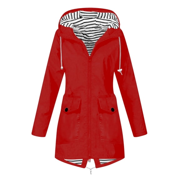 Qiopertar Womens Rain Coat Hooded Zip Long Sleeve Waterproof Windbreaker Spring Fall Outdoor Travel Casual Loose Fit Plus Size Travel Jacket Red XXL