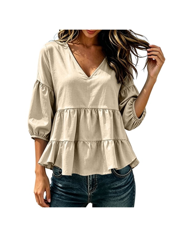 Womens Summer Blouses Deep V Neck Ruffle 3/4 Puff Sleeve Peplum Hem Casual Boho Flowy Loose Tops, Beige XL