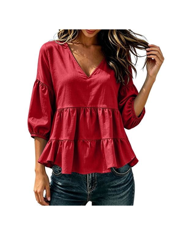 Womens Summer Blouses Deep V Neck Ruffle 3/4 Puff Sleeve Peplum Hem Casual Boho Flowy Loose Tops, Red M