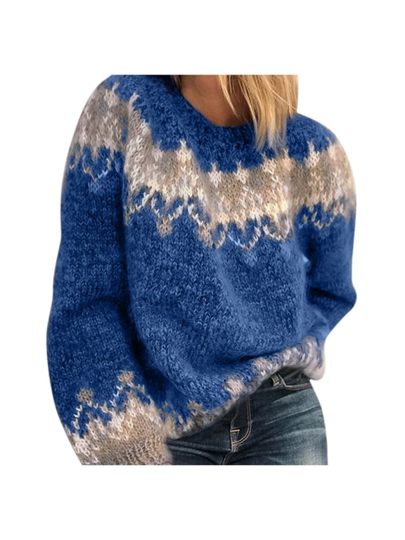Womens Sweaters Knitted Round Neck Long Sleeve Geometric Casual Comfy Oversized Fall Winter Ethnic Boho Tops Pullover Pullover