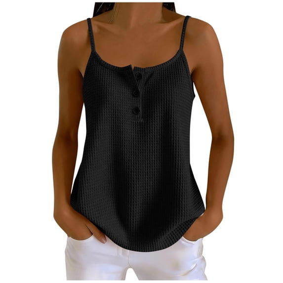 Qiopertar Womens Tank Tops Button Down Spaghetti Strap Square Neck Sleeveless Casual Loose Summer Tops, Black M